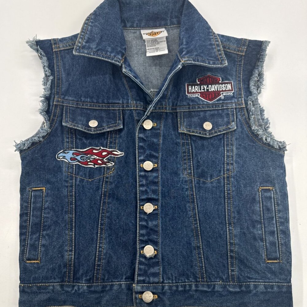 Harley Davidson Denim Vest Youth Boys 7 Blue Patches Button Motorcycle Biker